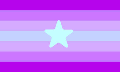 A flag with seven stripes, all horizontal and evenly sized. the colours, from top to bottom, are: bright magenta, vivid lavender, vibrant lavender, blue periwinkle, vibrant lavender, vivid lavender, and bright magenta. In the center there is a PNG of a sta