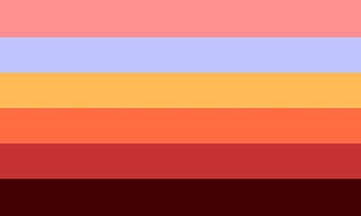 a flag with 6 stripes, with these colors from top to bottom: pink, light periwinkle, yellow, orange, red, deep brown.