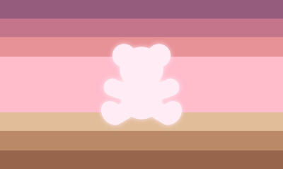 A flag with 7 stripes, with these colors from top to bottom: pink toned purple, mauve, pink, light pink, light brown, medium brown, soft brown. in the center there is a blurry pastel pink icon of a teddy bear