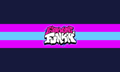 a flag with 5 stripes, with these colors from top to bottom: deep blue, fuchsia, bright blue, fuchsia, deep blue. In the center there is a friday night funkin logo