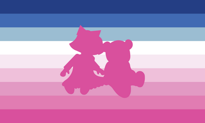 A flag with 9 horizontal stripes. Top to bottom they are dark blue, medium blue, light blue-grey, and the rest are shades of pink starting very light and becoming progressively darker. In the center are dark pink silhouettes of a doll next to a stuffed bea