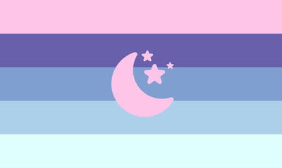 A flag with five stripes, all horizontal and evenly sized. the colors, from top to bottom, are: light pink, violet, light blue, sky blue, and mint. In the center, there is a PNG of a moon and three stars in the same light pink colour as the flag