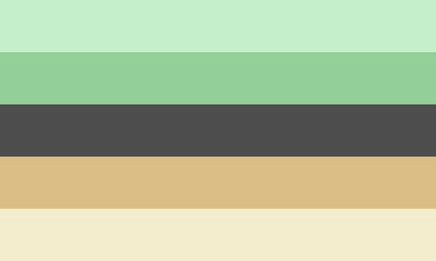 A horizontally striped flag with five stripes, its colors going as follows from top to bottom, pale mint green, dark desaturated mint green, gray, muted dark beige, cream