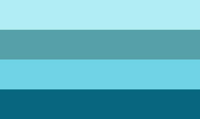 A rectangular flag with four equally sized horizontal stripes. The colors in order are ice blue, dark cyan, cyan, and dark sky blue