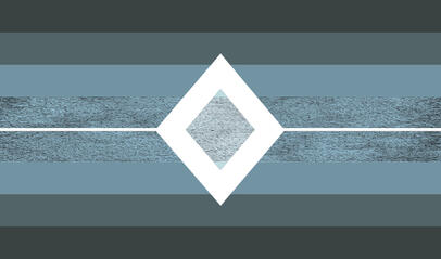 A flag with 8 equal stripes. The middle two are pale blue and gradient out to darker blue-greys to dark grey. The middle two have a static pattern overlayed. There is a thin white stripe along with a white diamond in the middle.