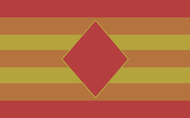 a rectangular flag with 7 equally-sized horizontal lines. colors are in this order from top to bottom: red, orange, yellow, orange, yellow, orange, red. in the center of the flag is a diamond symbol. the outline is yellow and is filled with red.