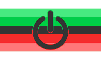 A rectangle with seven stripes, the flag's stripes in order are: white, green, darker green, near-black, red, soft red, and white. in the center of the flag is a near-black power button symbol with a thin outline, with the top half of the outline being dar