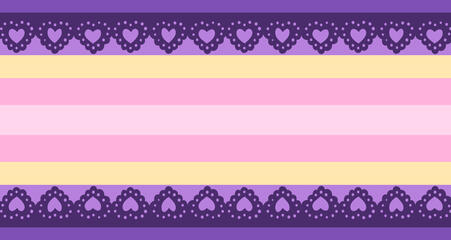 A striped flag. the second and tenth stripes are made of lace. the colors in order of top to bottom are purple, dark purple, pastel purple, yellow, pink, pastel pink, pink, yellow, pastel purple, dark purple, purple